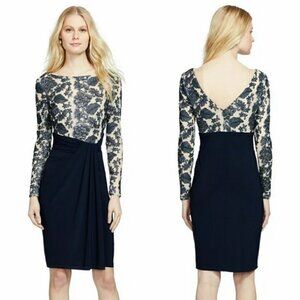 Lauren Ralph Lauren Navy and Cream Long-Sleeve Floral Sheath Dress